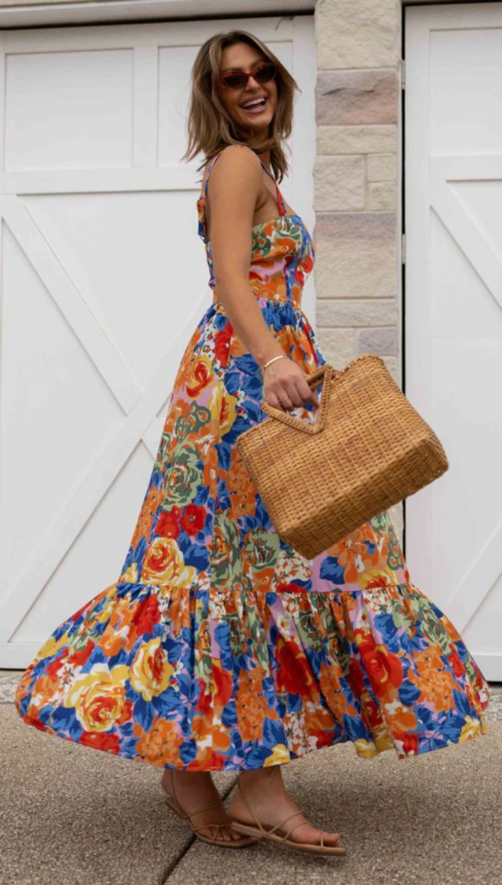 Elegant Floral Print Sexy Sleeveless Ruffled Slim High Waist Wedding Guest Dress