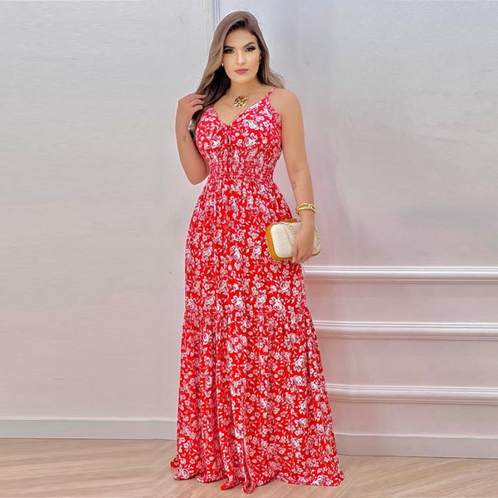 Women's New Fashion Print Floral Sling Wedding Guest Dress
