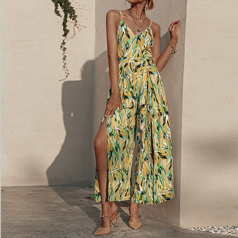 Fashion V Neck Camisole Sexy Backless Ties Casual Printed Slit Maxi Dress