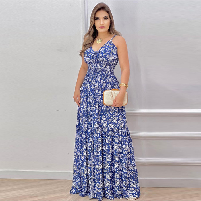 Women's New Fashion Print Floral Sling Wedding Guest Dress