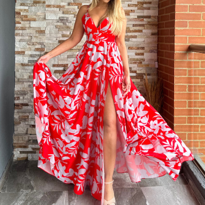 Fashion Print Sexy V Neck High Waist Swing Wedding Guest Dress