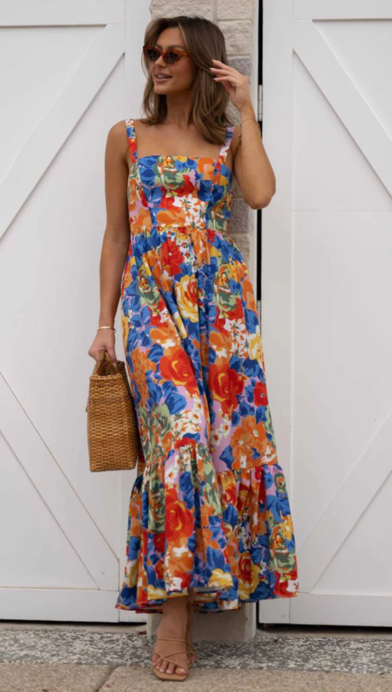 Elegant Floral Print Sexy Sleeveless Ruffled Slim High Waist Wedding Guest Dress