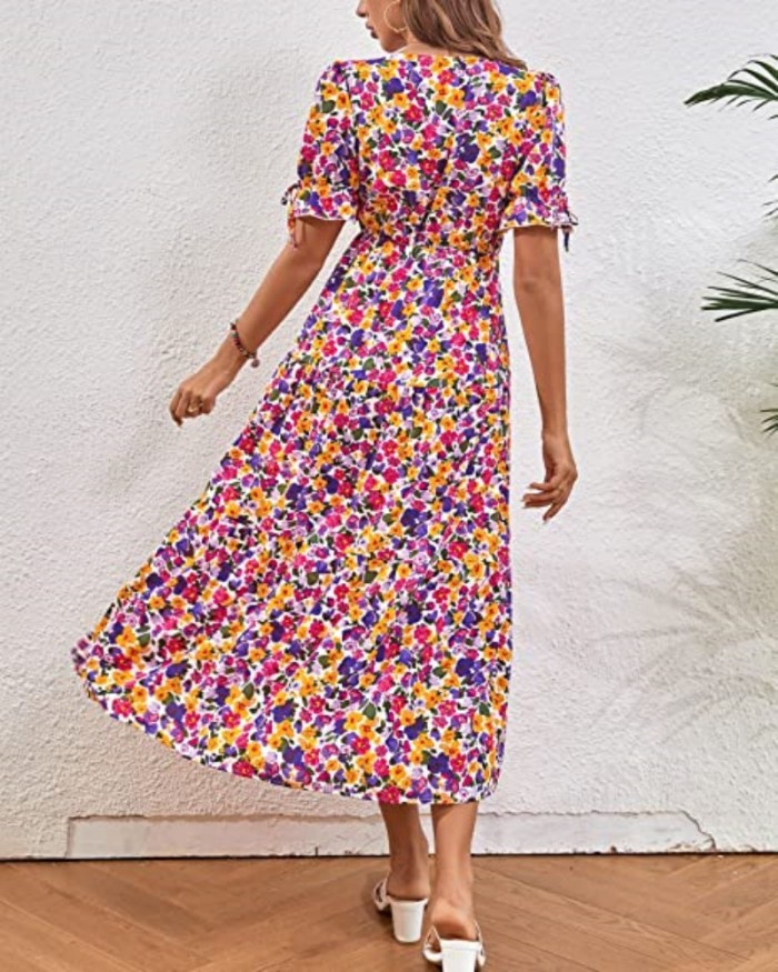 Summer Bohemian Lace Up Deep V Cutout Casual Party Beach Maxi Dress