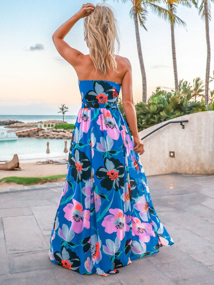 Bohemian Vacation Deep V Neck Backless Sexy Halter Neck Flower Print Dress
