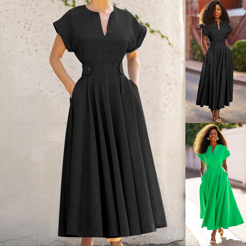 Summer Retro V-neck Wrapped Sleeve Waist Casual Fashion Stitching  Maxi Dress