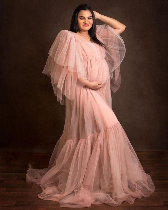 Maternity Fashion Pink Mesh Solid Color Loose Bohemian  Maternity Gowns Dress