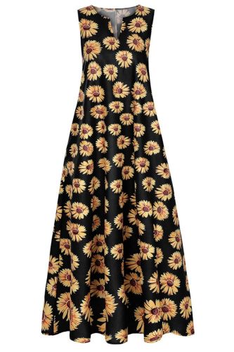 Fashion Ladies Sexy New Big Chrysanthemum Print Sleeveless  Maxi Dress