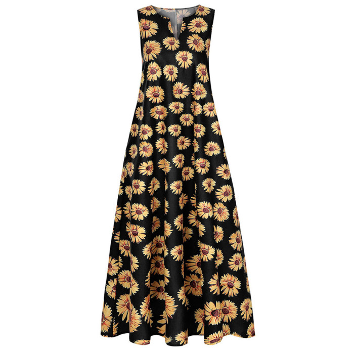 Fashion Ladies Sexy New Big Chrysanthemum Print Sleeveless  Maxi Dress