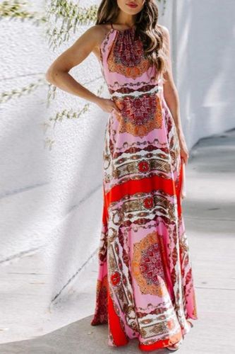 Summer Colorful Print Backless Casual Elegant Beach  Maxi Dress