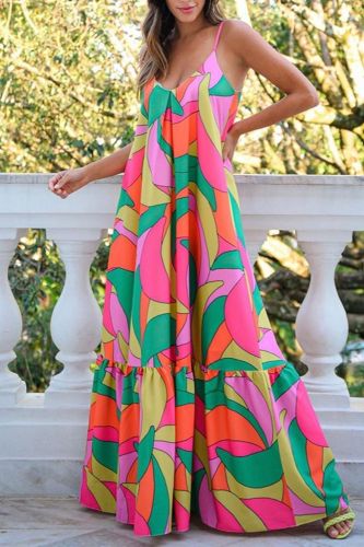 Sexy Deep V Neck Backless Bohemian Floral Fashion Party  Maxi Dress
