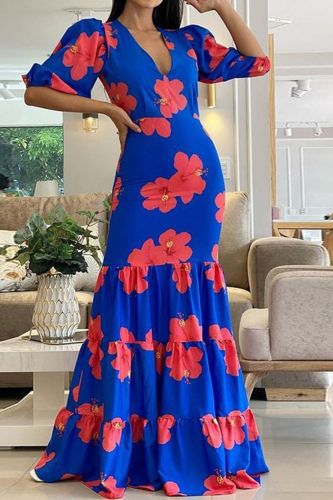 Summer Fashion Slim Print Casual V Neck High Waist Wedding Guest Dress