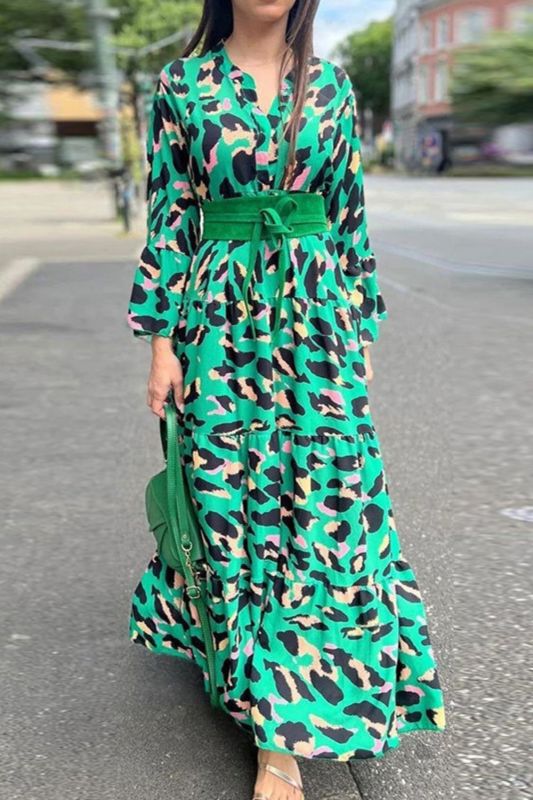 Fashion Print Long Sleeve Tie Elegant Swing  Maxi Dress