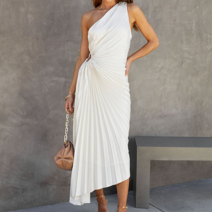 Summer One Shoulder Irregular Fashion Sexy Party Hollow Pleated  Maxi Dress