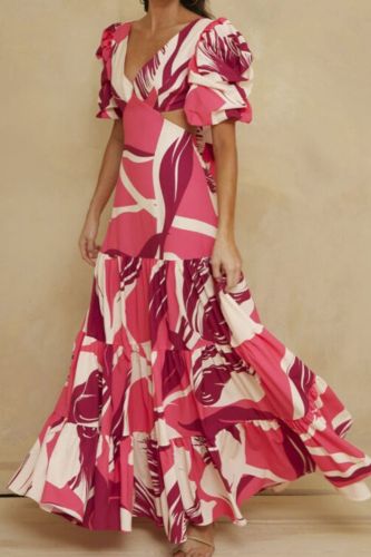Women's Printed V-neck Puff Sleeves Sexy Backless Lace-Up Swing Wedding Guest Dress