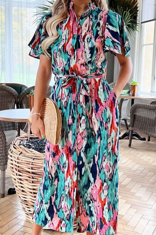 Fashion Casual Loose Abstract Print Short Sleeve Shirt  Maxi Dress