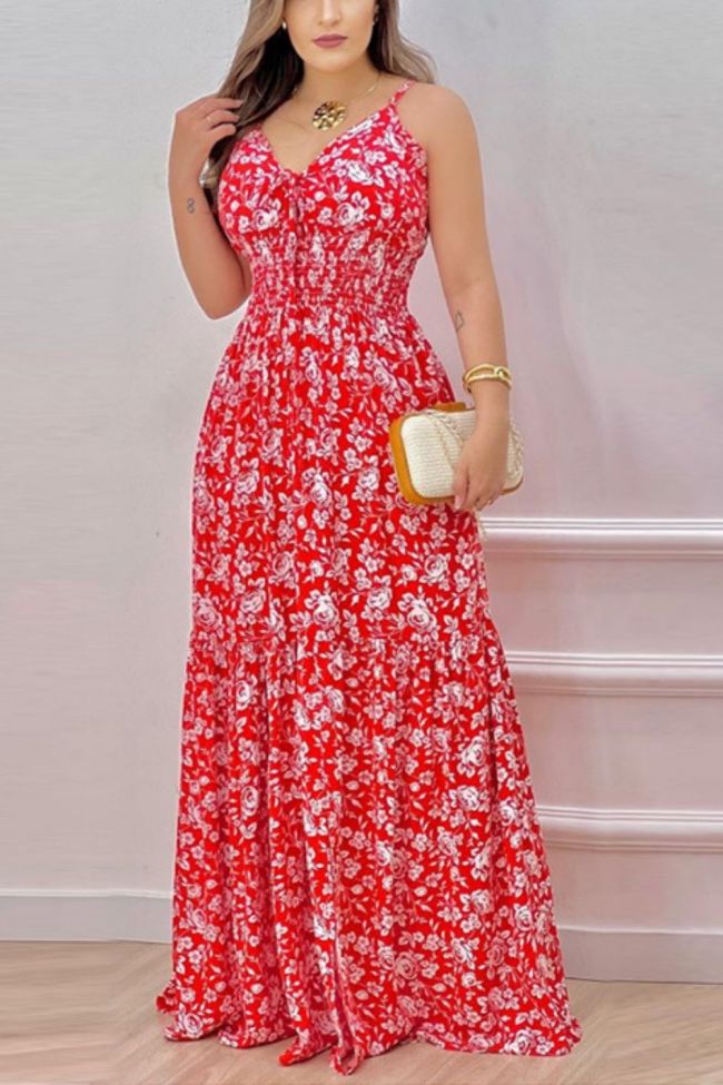 Women's New Fashion Print Floral Sling Wedding Guest Dress