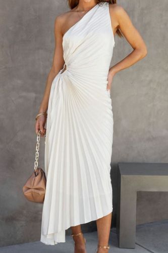Summer One Shoulder Irregular Fashion Sexy Party Hollow Pleated  Maxi Dress