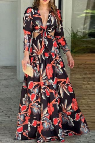 Lace Up Deep V Neck Long Sleeve Fashion Sexy Ruffle Wedding Guest Dress