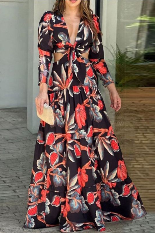 Lace Up Deep V Neck Long Sleeve Fashion Sexy Ruffle Wedding Guest Dress