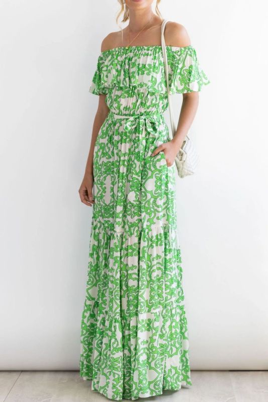 Off Shoulder Boho Skinny Summer Beach High Waist Pleated  Maxi Dress