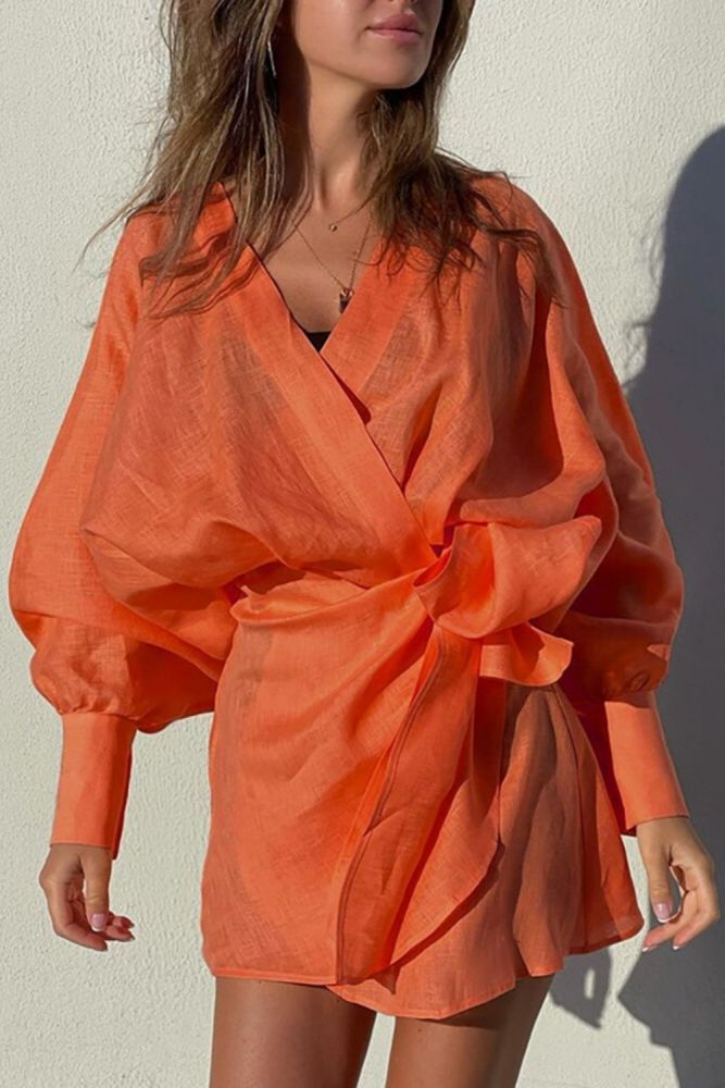 Solid Color Chic V Neck Balloon Sleeve Belt Party Casual Dress