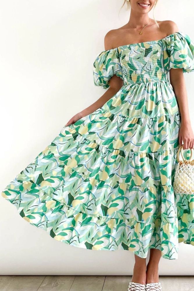 Elegant Floral Print Sexy Backless Slanted Neck High Waist Puff Sleeve Sheath Maxi Dress