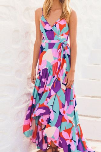 Fashion Print Temperament Lace Ruffle Skirt Sexy Party Sling Wedding Guest Dress