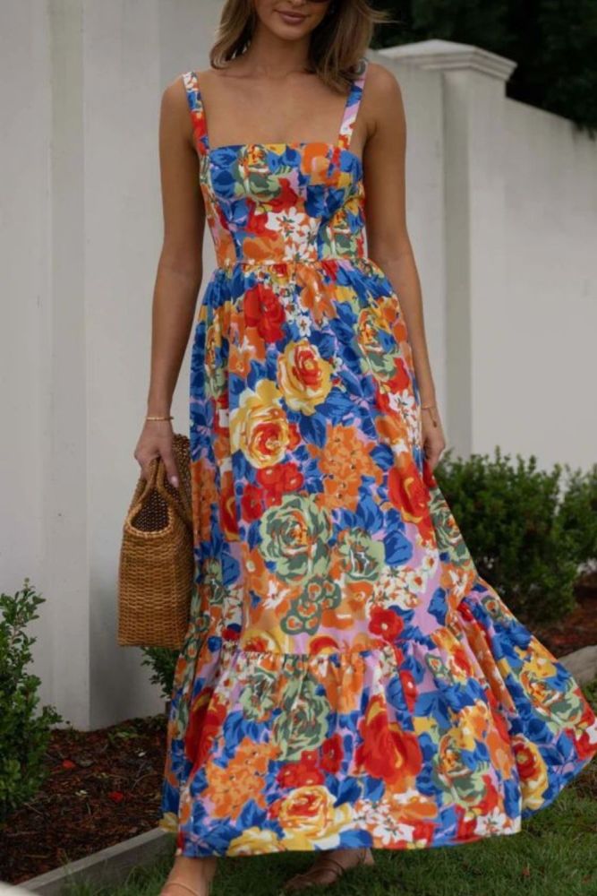 Elegant Floral Print Sexy Sleeveless Ruffled Slim High Waist Wedding Guest Dress