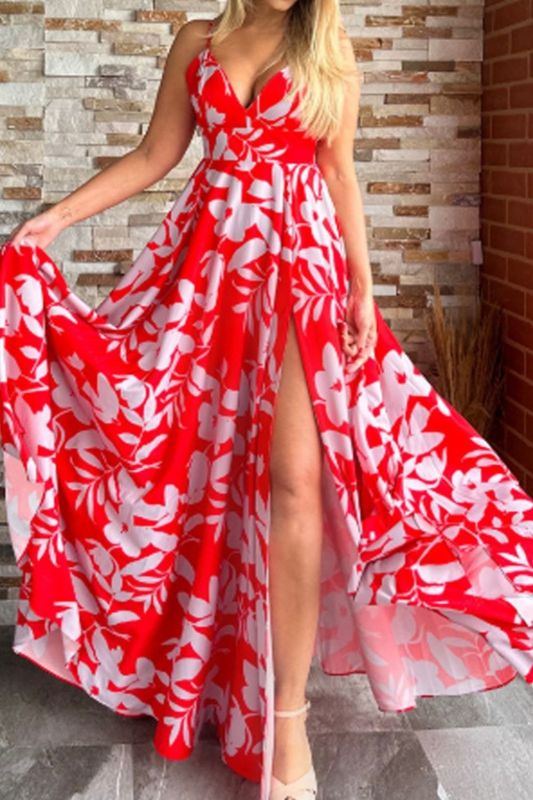 Fashion Print Sexy V Neck High Waist Swing Wedding Guest Dress
