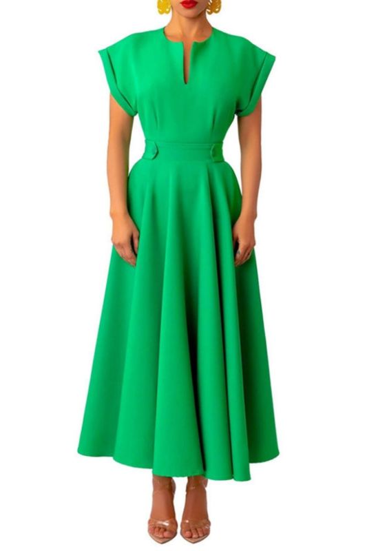 Summer Retro V-neck Wrapped Sleeve Waist Casual Fashion Stitching  Maxi Dress