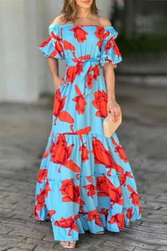 Sexy Printed One Shoulder Tie Puff Sleeve Fashion  Maxi Dress