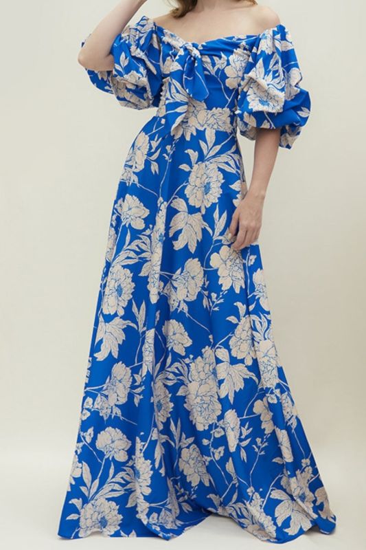 Elegant Printed Strapless Strapless Puff Sleeve High Waist Party Wedding Guest Dress