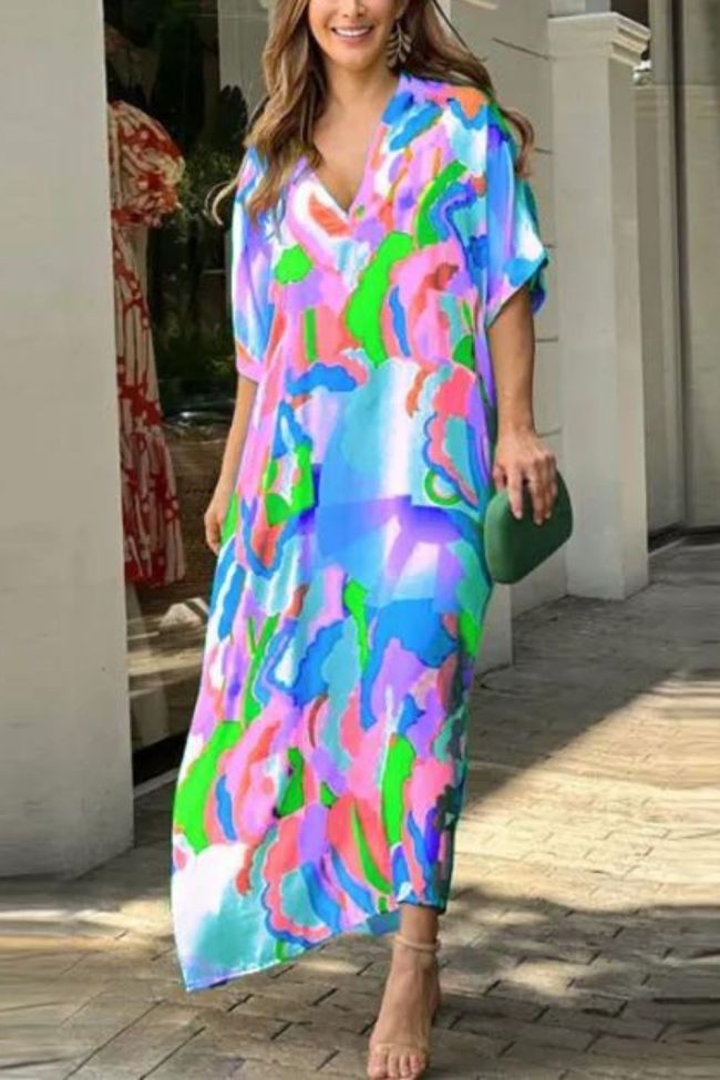 Fashion Casual Elegant Painted Print Short Sleeve Swing  Maxi Dress