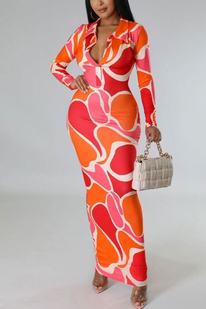 Sexy Printed Lapel Deep V Fashion Casual Elegant  Bodycon Dress