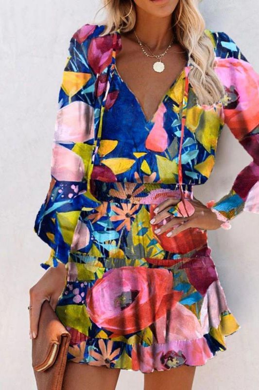 Fashion Vintage Colorful Floral Print Party Elegant V Neck Mini Casual Dress