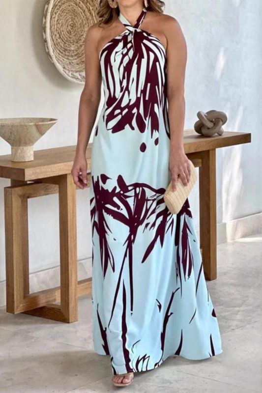 Fashion Print Elegant Backless Sleeveless Tie Loose Beach Party Maxi Dress