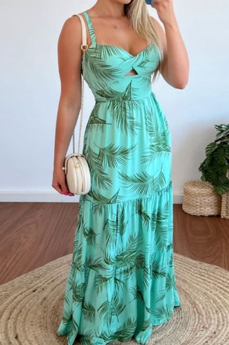 Women's Summer Sexy Printed Pleated Hollow Backless V-Neck Maxi Dress