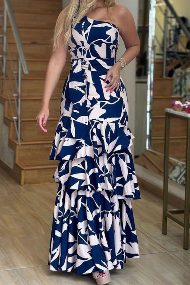 Fashion Ladies Printed Shoulderless Sleeveless Tie Pleated Wedding Guest Dress