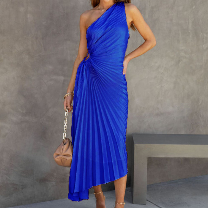 Summer One Shoulder Irregular Fashion Sexy Party Hollow Pleated  Maxi Dress