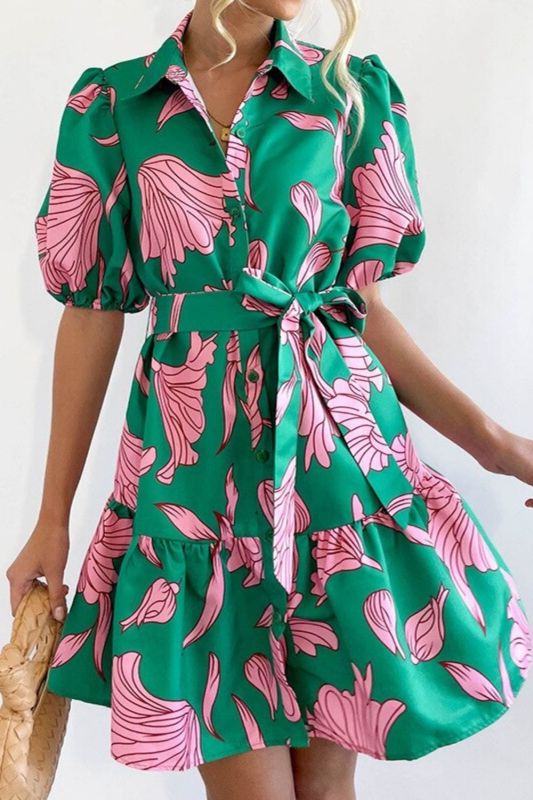 Blouse Mini Fashion Ruffle Tie Casual Loose Printed Dress