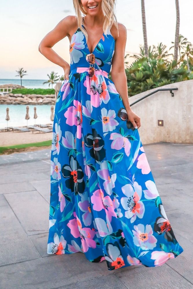 Bohemian Vacation Deep V Neck Backless Sexy Halter Neck Flower Print Dress