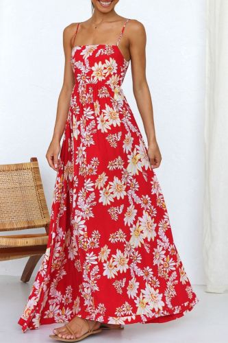 Women's Fashion Sleeveless Floral Print Sexy Casual Party A-Line  Maxi Dress