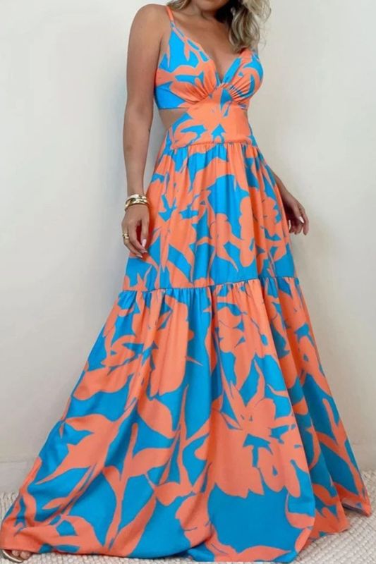 Sexy Retro Print Lace Up Hollow Backless High Waist Fashion Wedding Guest Dress