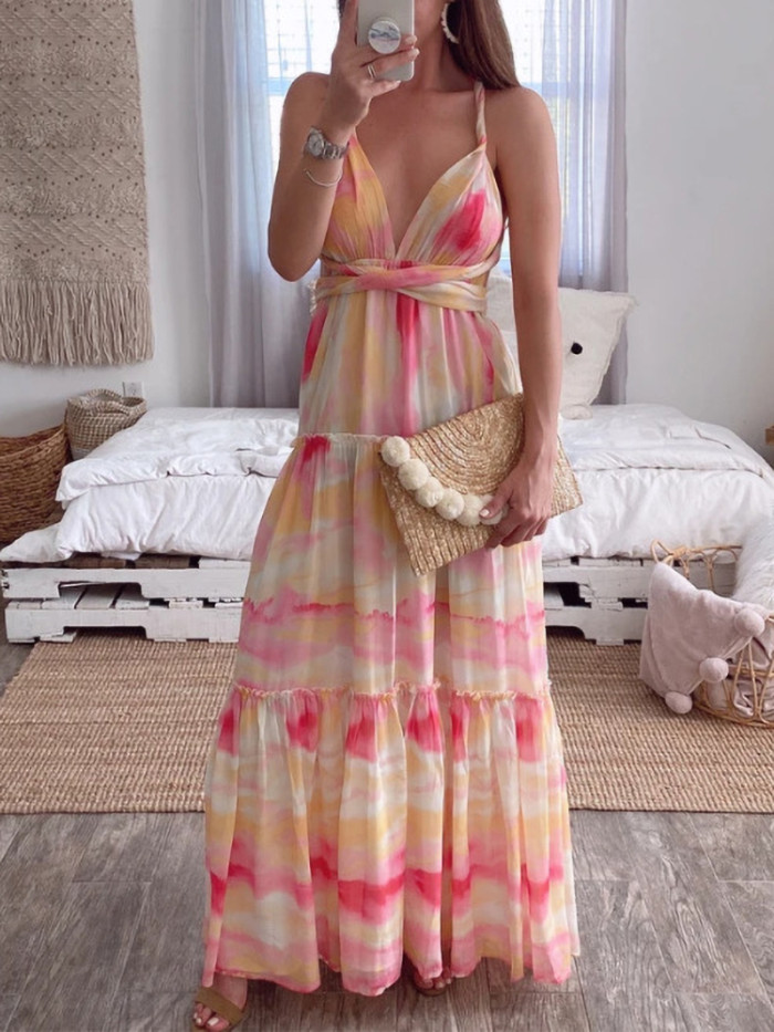 Summer Sleeveless Sexy Fashion Deep V Camisole Party  Maxi Dress