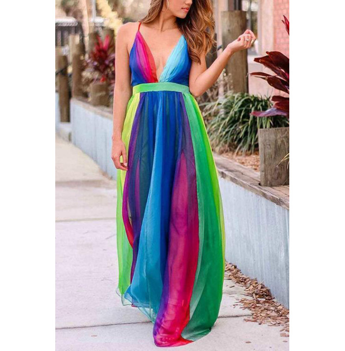 Women's Fashion Sexy Deep V Rainbow Mesh Sling  Maxi Dress