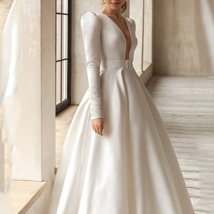 Elegant Slim Fashion Long Sleeve Solid Color Sexy Party  Wedding Guest Dress