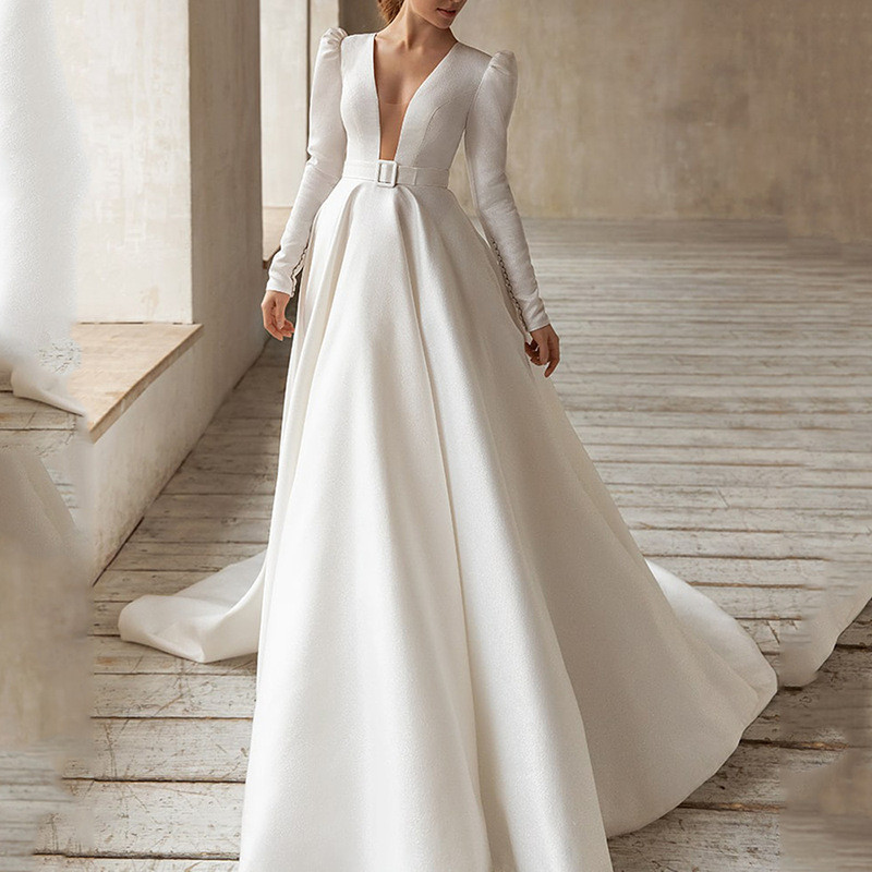 Elegant Slim Fashion Long Sleeve Solid Color Sexy Party  Wedding Guest Dress
