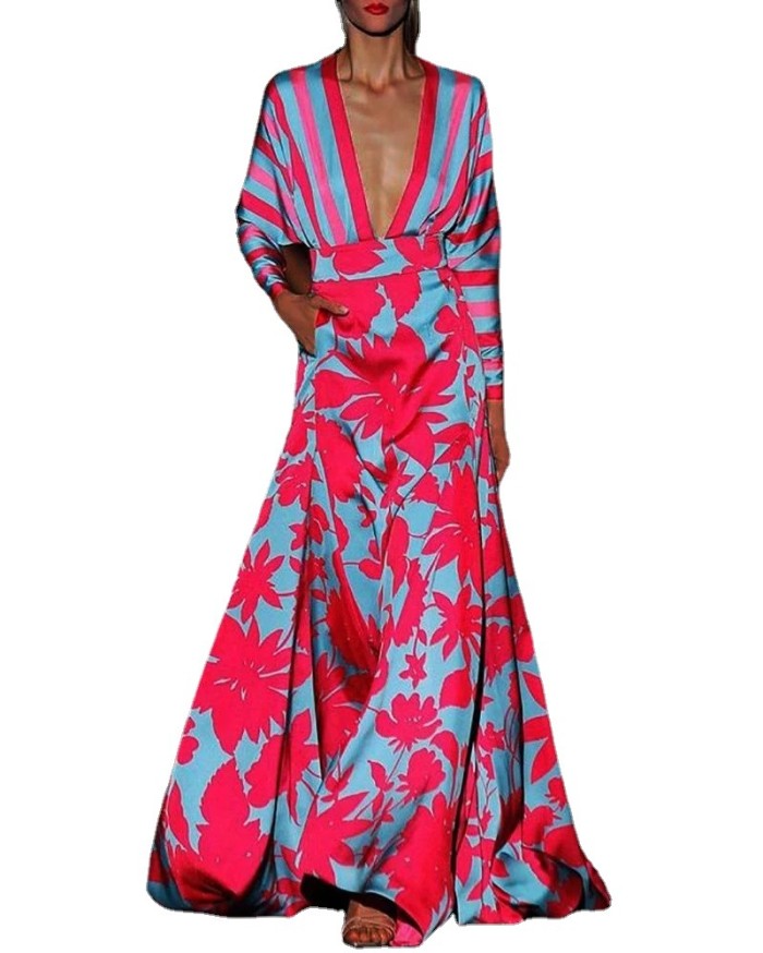 Printed V Neck Trendy Bohemian Casual  Maxi Dress