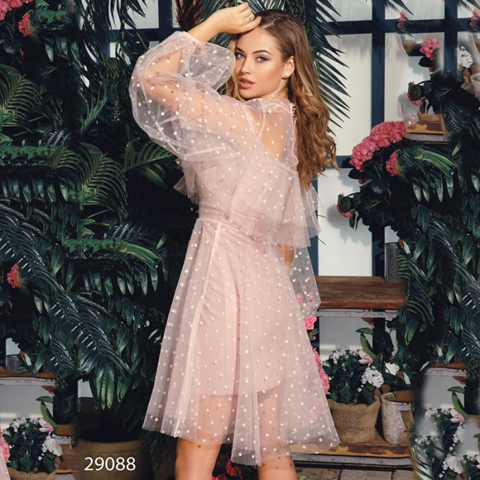 Women's Long Sleeve High Waist Mesh Ruffle Pleated Wedding Guest Dress