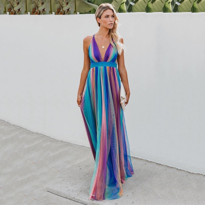 Women's Fashion Sexy Deep V Rainbow Mesh Sling  Maxi Dress
